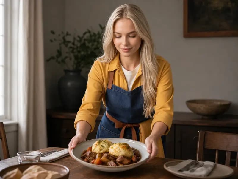 Lana Petrovna serving Beef and Ale Stew with Herb Dumplings at a restaurant table