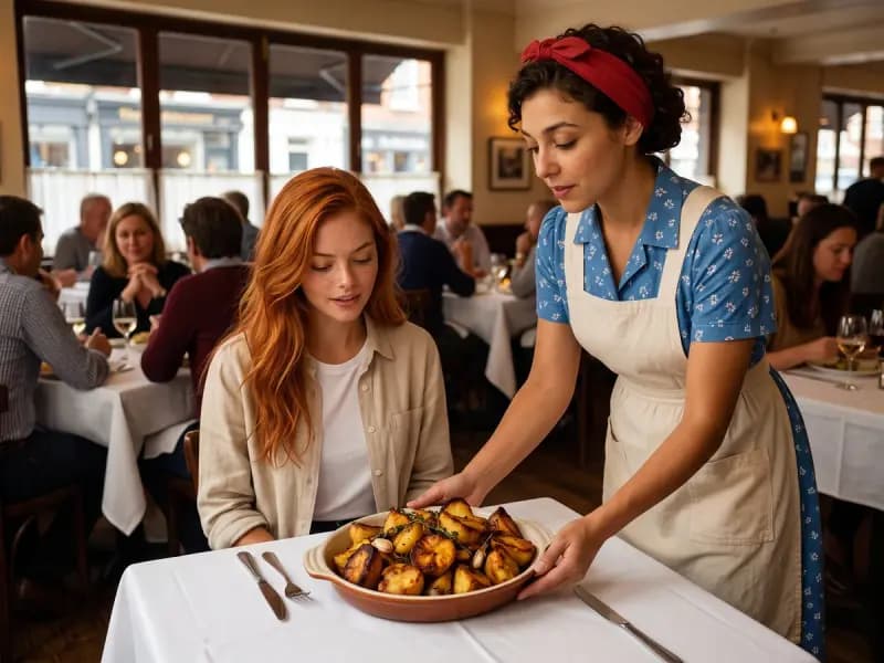 Nora Blythe serving Crisp Roast Potatoes to Scarlett Vale at a restaurant table