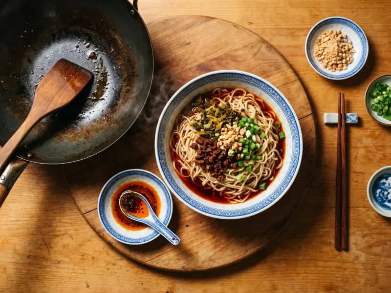 Dan Dan Noodles — shot from directly overhead: noodles over a pool of chilli oil
