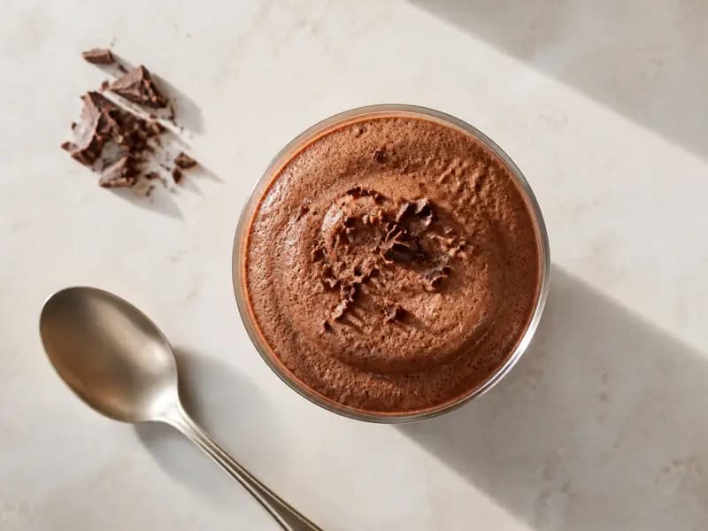 Dark Chocolate Mousse — shot from directly overhead: dark chocolate lightened with whisked egg whites and set by nothing but cocoa butter