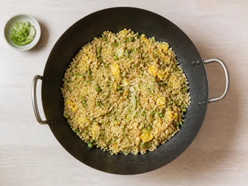 Egg Fried Rice — shot from directly overhead: yesterday's rice broken up cold and fried hard in a wide pan