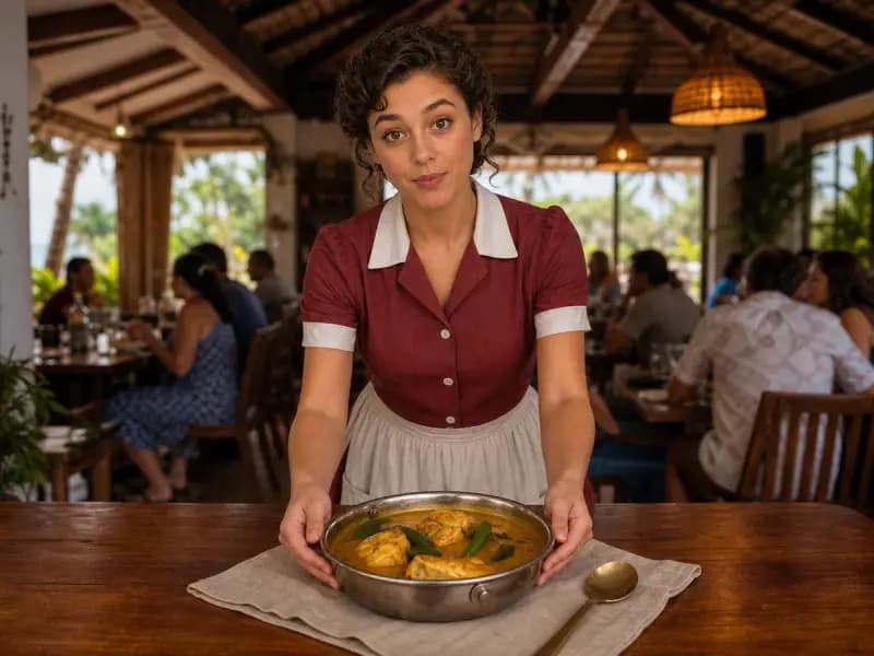Nora Blythe serving Goan Fish Curry at a restaurant table