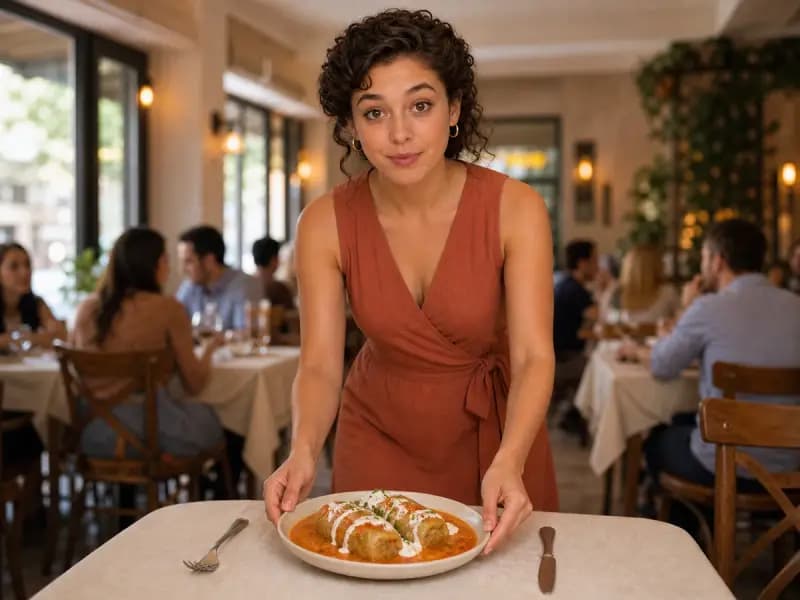 Nora Blythe serving Golubtsy at a restaurant table