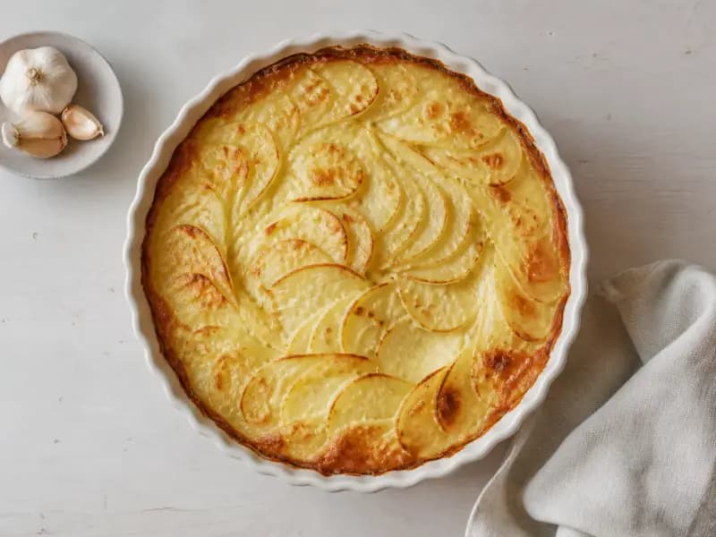 Gratin Dauphinois — shot from directly overhead: thin potato slices simmered in cream on the hob until their own starch thickens it