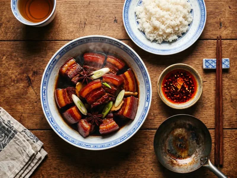 Red-Braised Pork Belly — shot from directly overhead, the table surface filling the frame