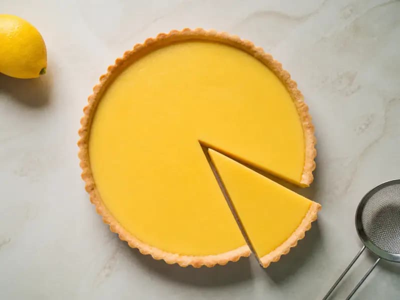 Lemon Tart — shot from directly overhead: a sharp lemon cream baked low and slow in a blind-baked sweet pastry case
