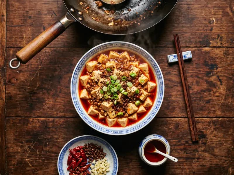 Mapo Tofu — shot from directly overhead: silken tofu in a fierce red sauce of fermented bean paste and Sichuan pepper