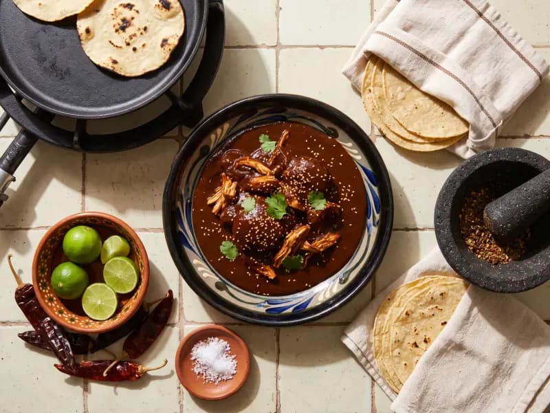 Mole Poblano — shot from directly overhead, the table surface filling the frame