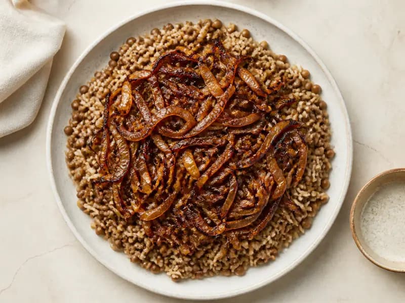 Mujaddara — shot from directly overhead: lentils and rice cooked in one pot under a mound of onions fried well past golden