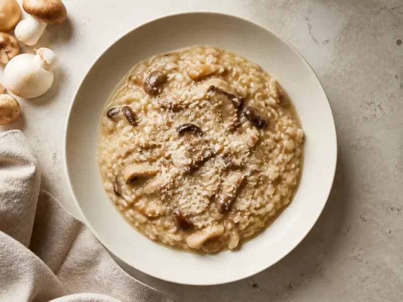 Mushroom Risotto — shot from directly overhead: carnaroli rice cooked in stock a ladle at a time and beaten with butter at the end