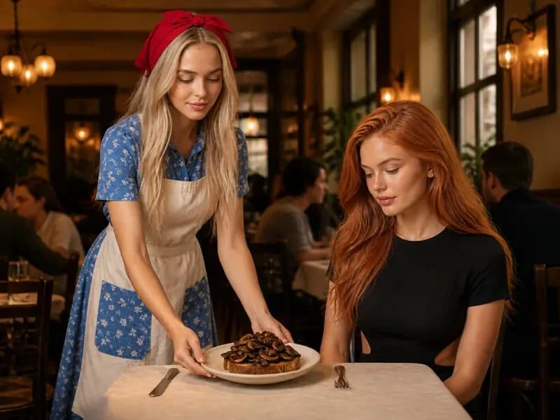 Lana Petrovna serving Mushrooms on Toast to Scarlett Vale at a restaurant table