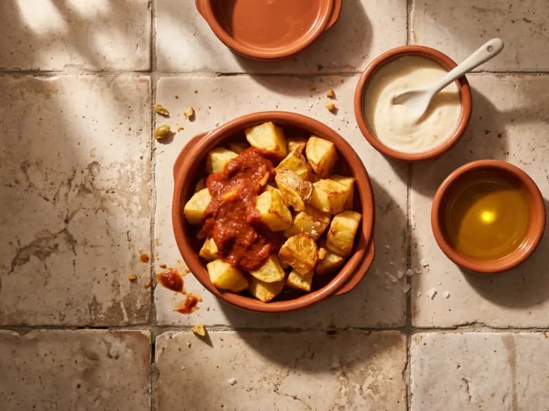 Patatas Bravas — shot from directly overhead: twice-cooked potatoes under a smoky
