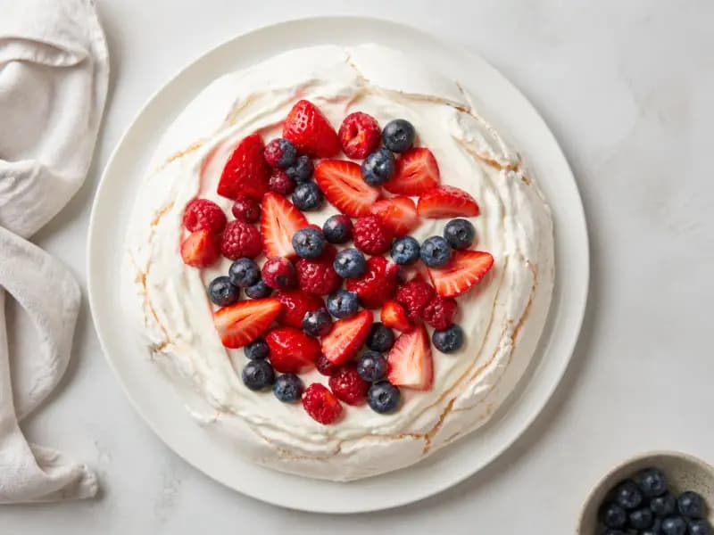 Pavlova — shot from directly overhead, the table surface filling the frame