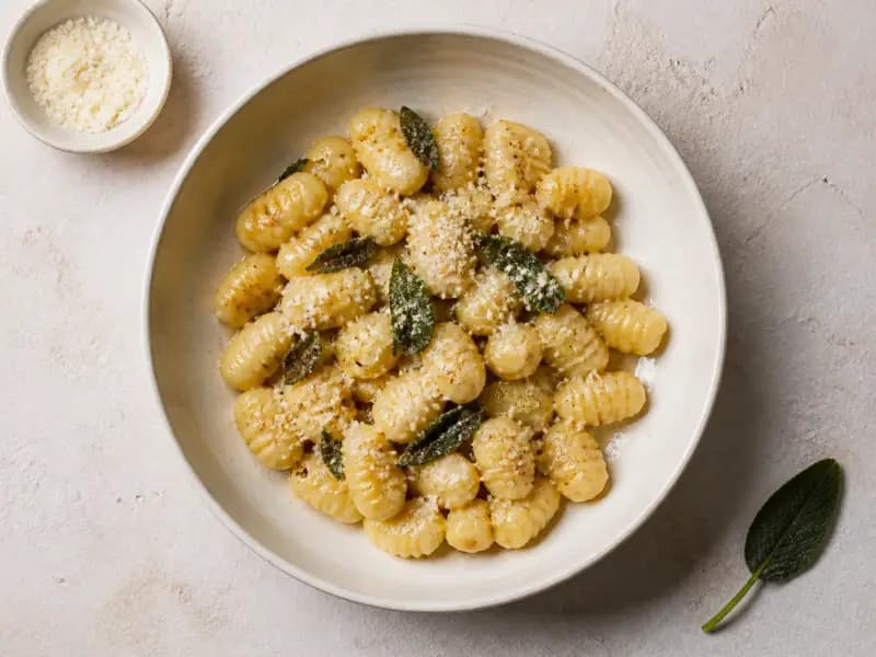 Potato Gnocchi with Sage Butter — shot from directly overhead: baked potatoes riced while hot and bound with as little flour as they will take