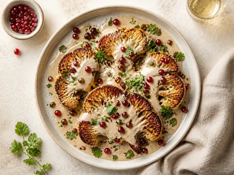 Roasted Cauliflower with Tahini — shot from directly overhead: cauliflower roasted hot in wedges so the cut faces brown