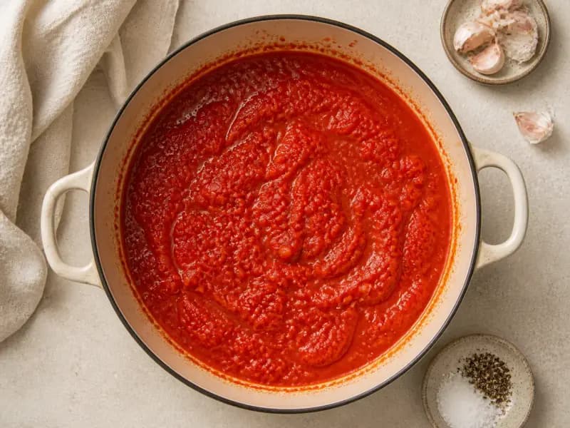 Simple Tomato Sauce — shot from directly overhead, the table surface filling the frame