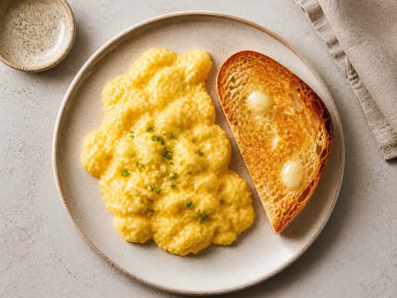 Soft Scrambled Eggs — shot from directly overhead: eggs cooked slowly over low heat and stirred constantly