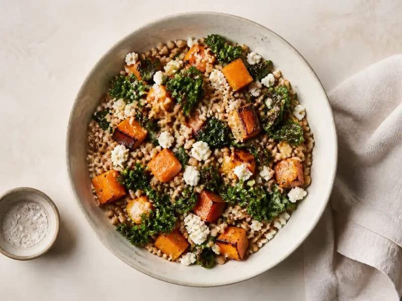 Warm Farro and Roast Squash Bowl — shot from directly overhead: farro boiled like pasta and dressed while it is still hot