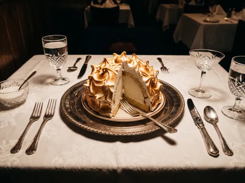 Baked Alaska — shot from directly overhead: ice cream on a sponge base sealed under meringue and browned in a fierce oven