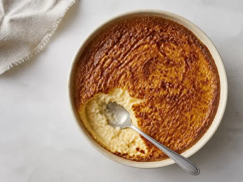 Baked Rice Pudding — shot from directly overhead: pudding rice baked in whole milk for two hours without stirring