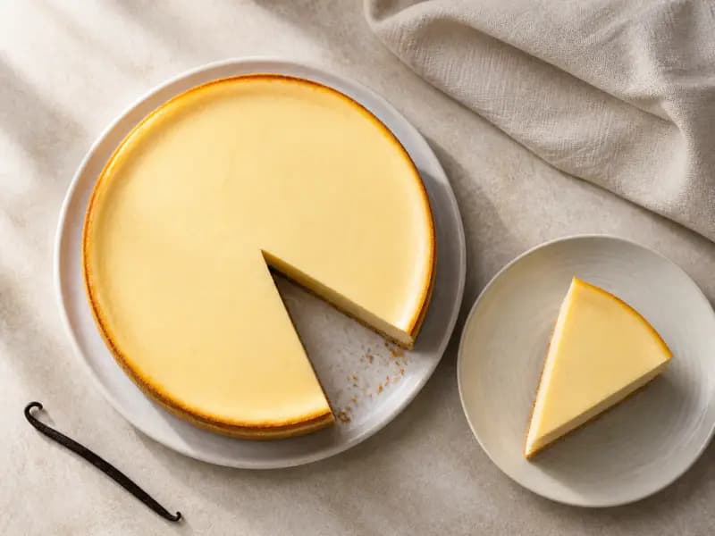 Baked Vanilla Cheesecake — shot from directly overhead: a dense baked cheesecake on a biscuit base