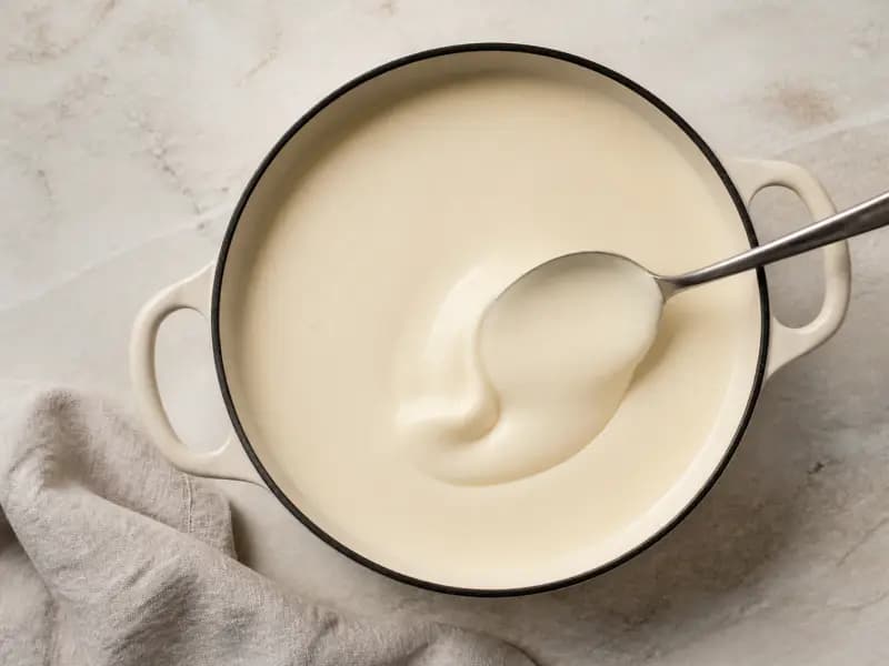 Bechamel Sauce — shot from directly overhead: a white sauce built on a cooked butter and flour roux