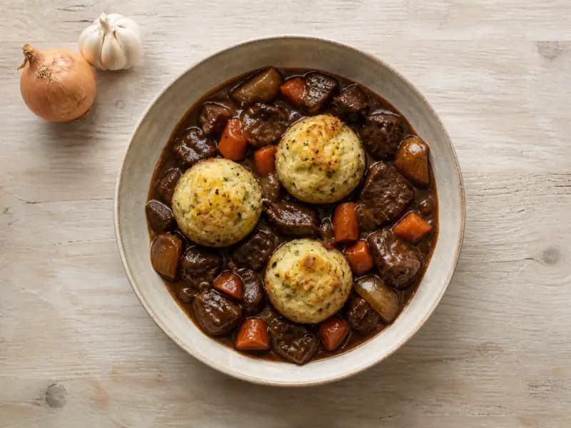Beef and Ale Stew with Herb Dumplings — shot from directly overhead: chuck steak simmered in dark ale until it gives