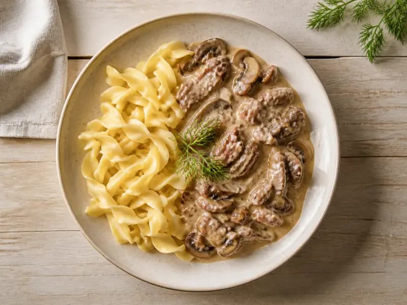 Beef Stroganoff — shot from directly overhead, the table surface filling the frame