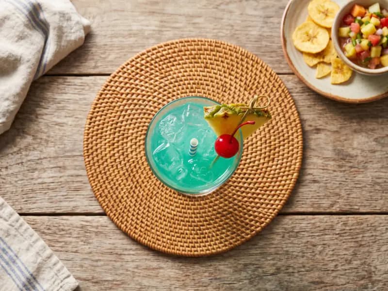Blue Hawaii — shot from directly overhead, the table surface filling the frame