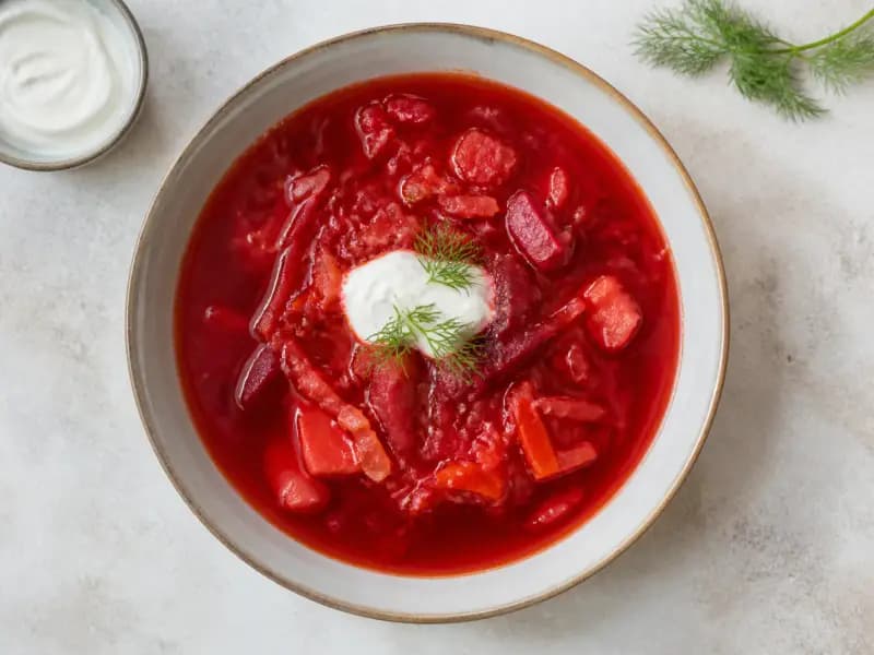 Borscht — shot from directly overhead: beetroot and cabbage soup built on beef broth