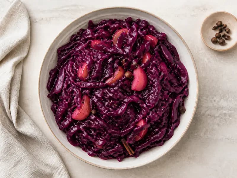 Braised Red Cabbage — shot from directly overhead: shredded red cabbage cooked slowly with apple