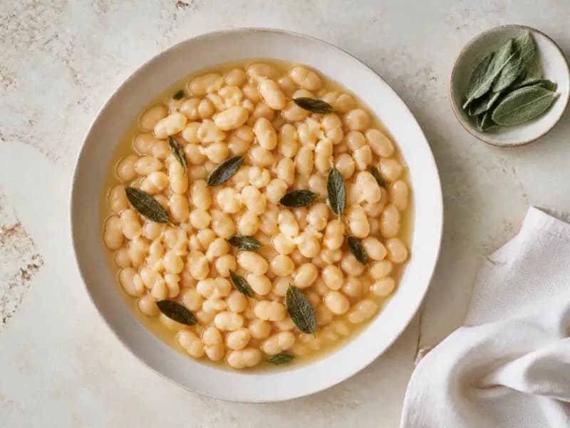 Braised White Beans with Sage — shot from directly overhead: dried beans soaked in salted water and held at a bare simmer