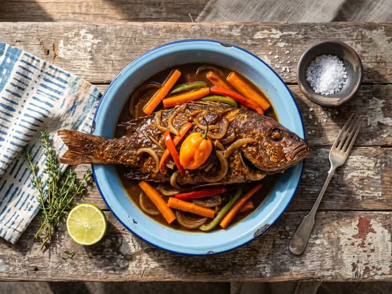 Brown Stew Fish — shot from directly overhead: fried whole fish simmered briefly in a dark sweet-savoury gravy built on browning