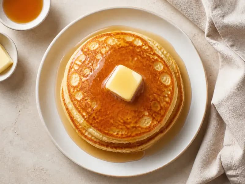 Buttermilk Pancakes — shot from directly overhead: thick American-style pancakes raised with buttermilk and bicarbonate of soda