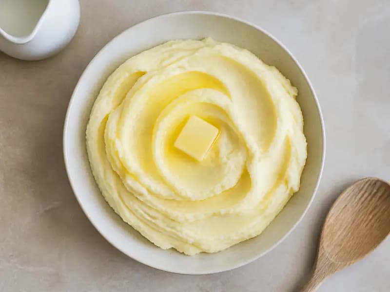 Buttery Mashed Potato — shot from directly overhead: potatoes steam-dried in the pan and pushed through a ricer