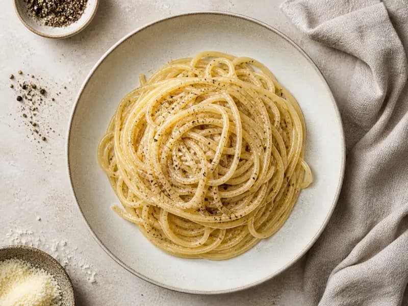 Cacio e Pepe — shot from directly overhead: spaghetti in a sauce of nothing but pecorino