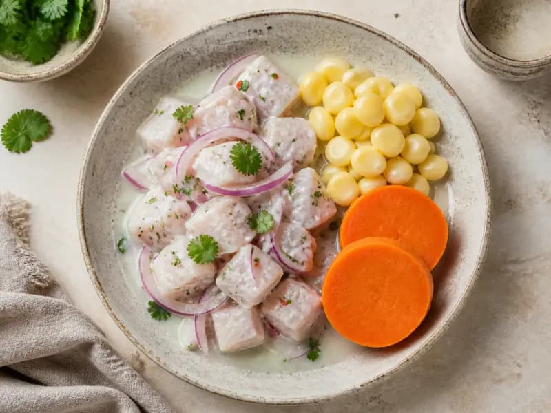Ceviche Clasico — shot from directly overhead: firm white fish