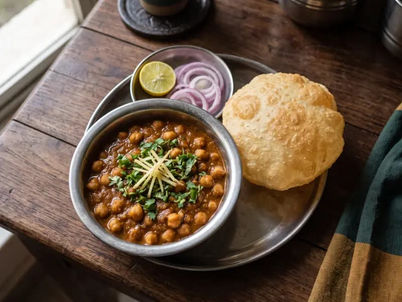 Chana Masala — shot from directly overhead: chickpeas simmered in a dark