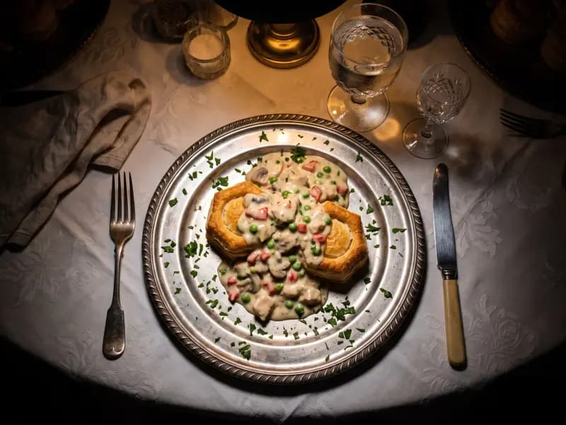 Chicken à la King — shot from directly overhead: poached chicken and mushrooms in a sherry cream sauce with pimento