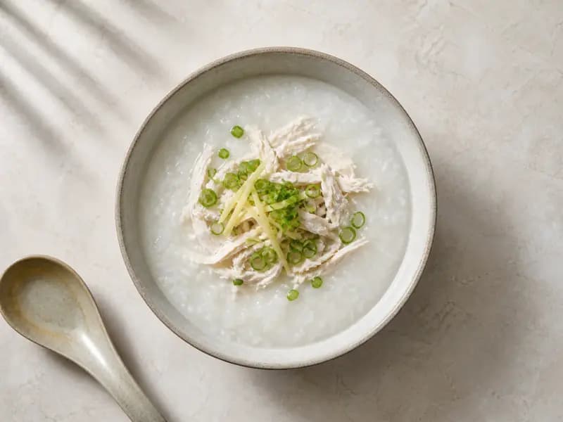Chicken Congee — shot from directly overhead: rice simmered in eight times its weight of stock until the grains collapse