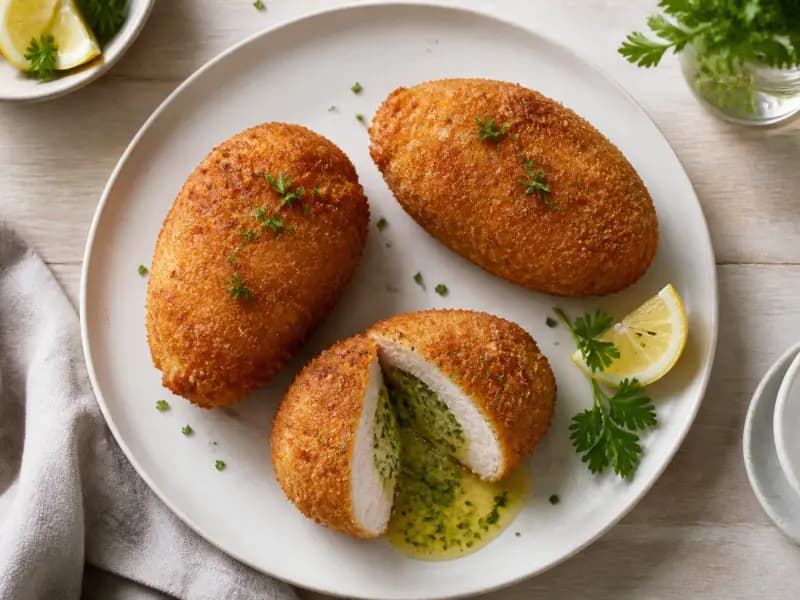Chicken Kiev — shot from directly overhead: crumbed chicken breast sealed around garlic-and-herb butter