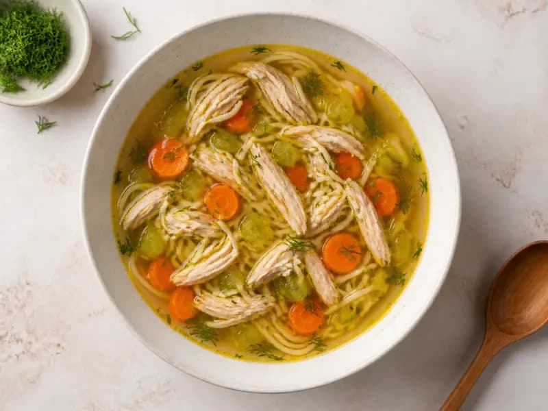 Chicken Noodle Soup — shot from directly overhead: poached chicken and vegetables in a clear stock