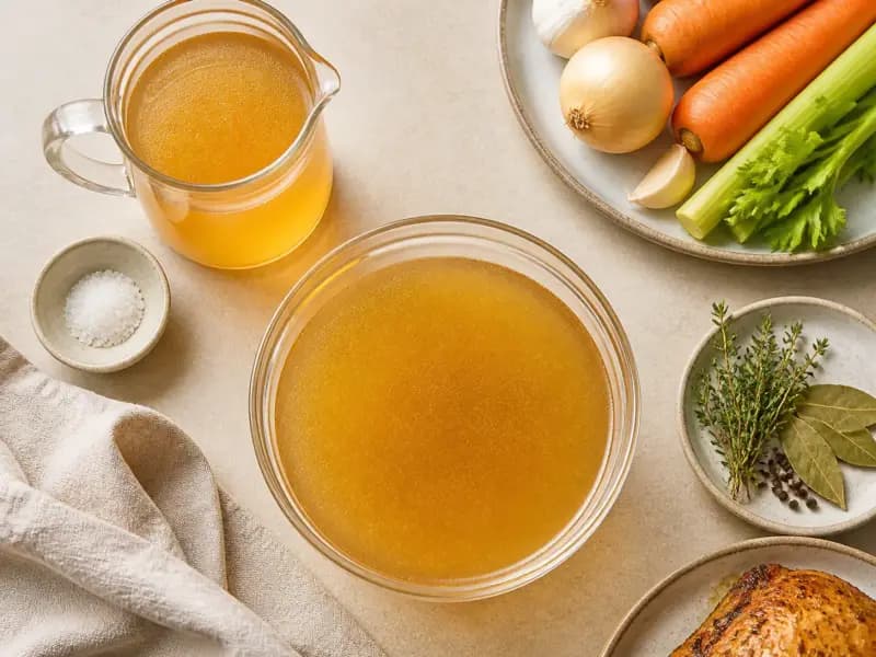 Chicken Stock — shot from directly overhead: stock from a roast carcass