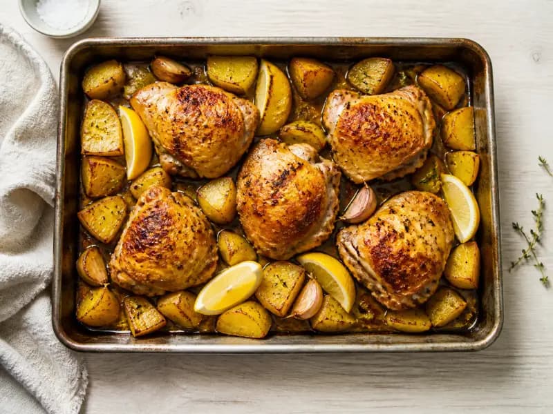 Chicken Thigh and Potato Traybake — shot from directly overhead: bone-in thighs roasted on top of potatoes and lemon in one tin