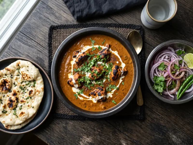Chicken Tikka Masala — shot from directly overhead: yogurt-marinated chicken charred hard under a grill