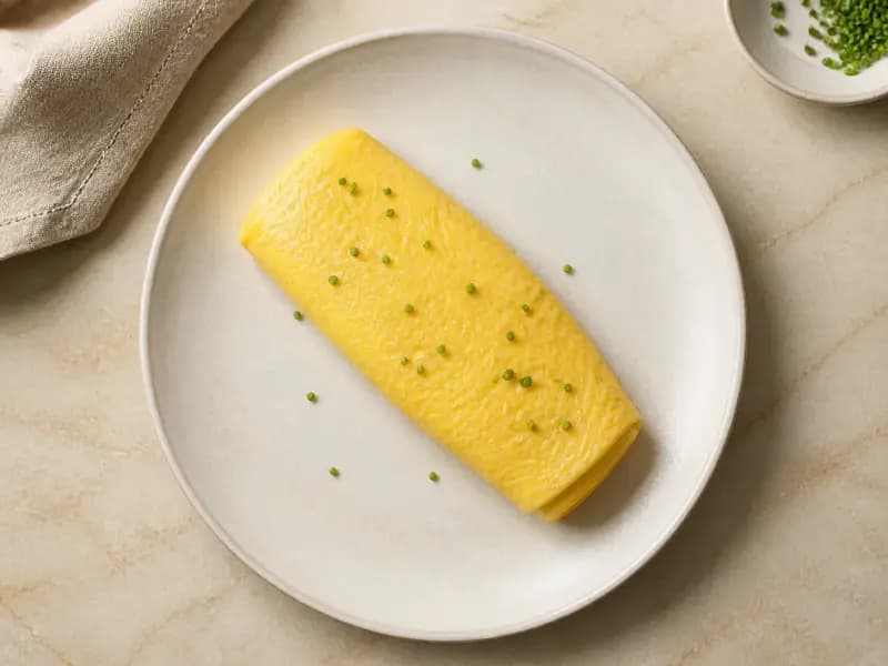 Classic French Omelette — shot from directly overhead: three eggs cooked in under a minute in a hot buttered pan