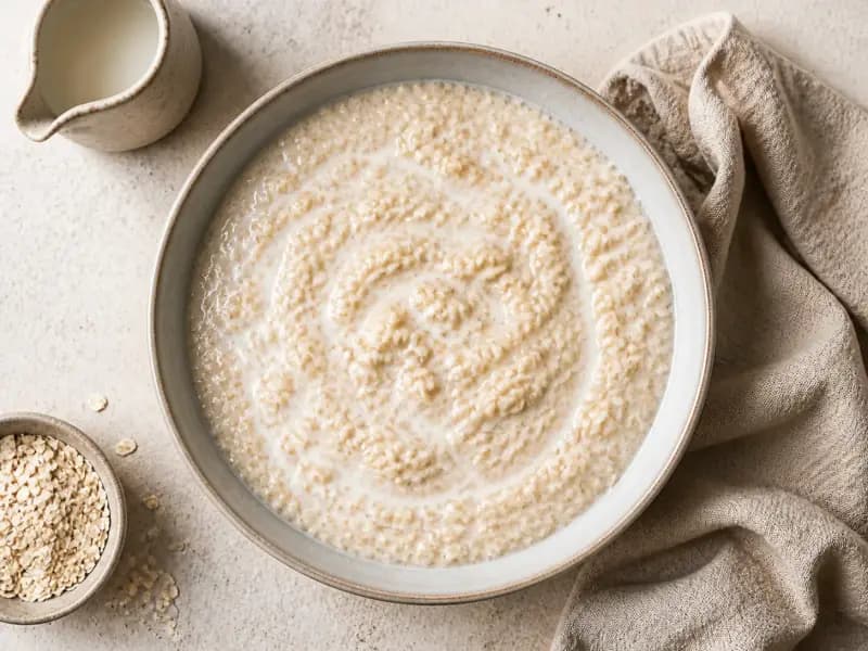 Creamy Oat Porridge — shot from directly overhead: rolled oats cooked in milk and water and stirred throughout