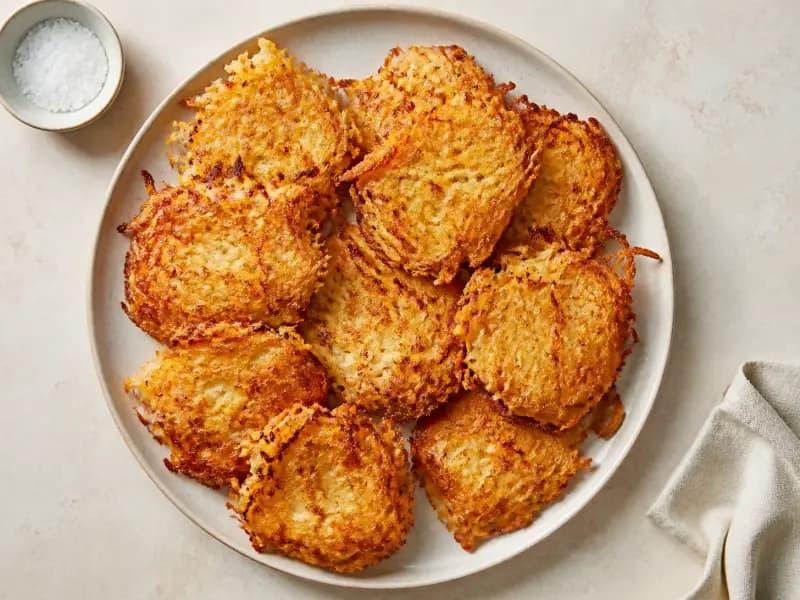 Crisp Hash Browns — shot from directly overhead: grated potato rinsed of its loose starch and wrung genuinely dry