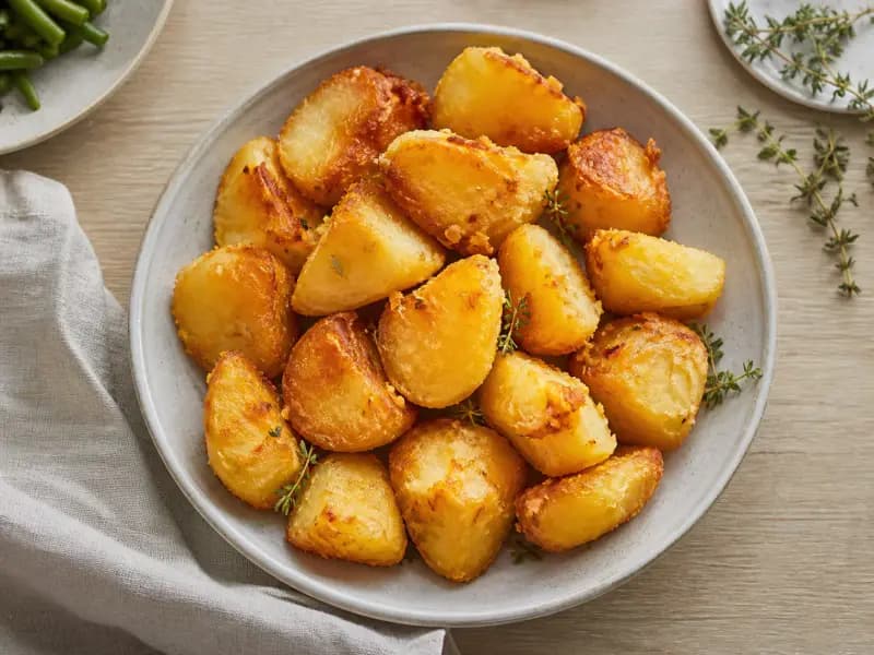 Crisp Roast Potatoes — shot from directly overhead: floury potatoes parboiled with bicarbonate of soda