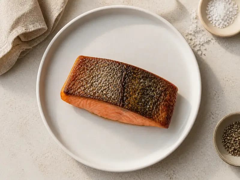 Crisp-Skinned Salmon — shot from directly overhead: salmon fillets cooked almost entirely on the skin side in one pan